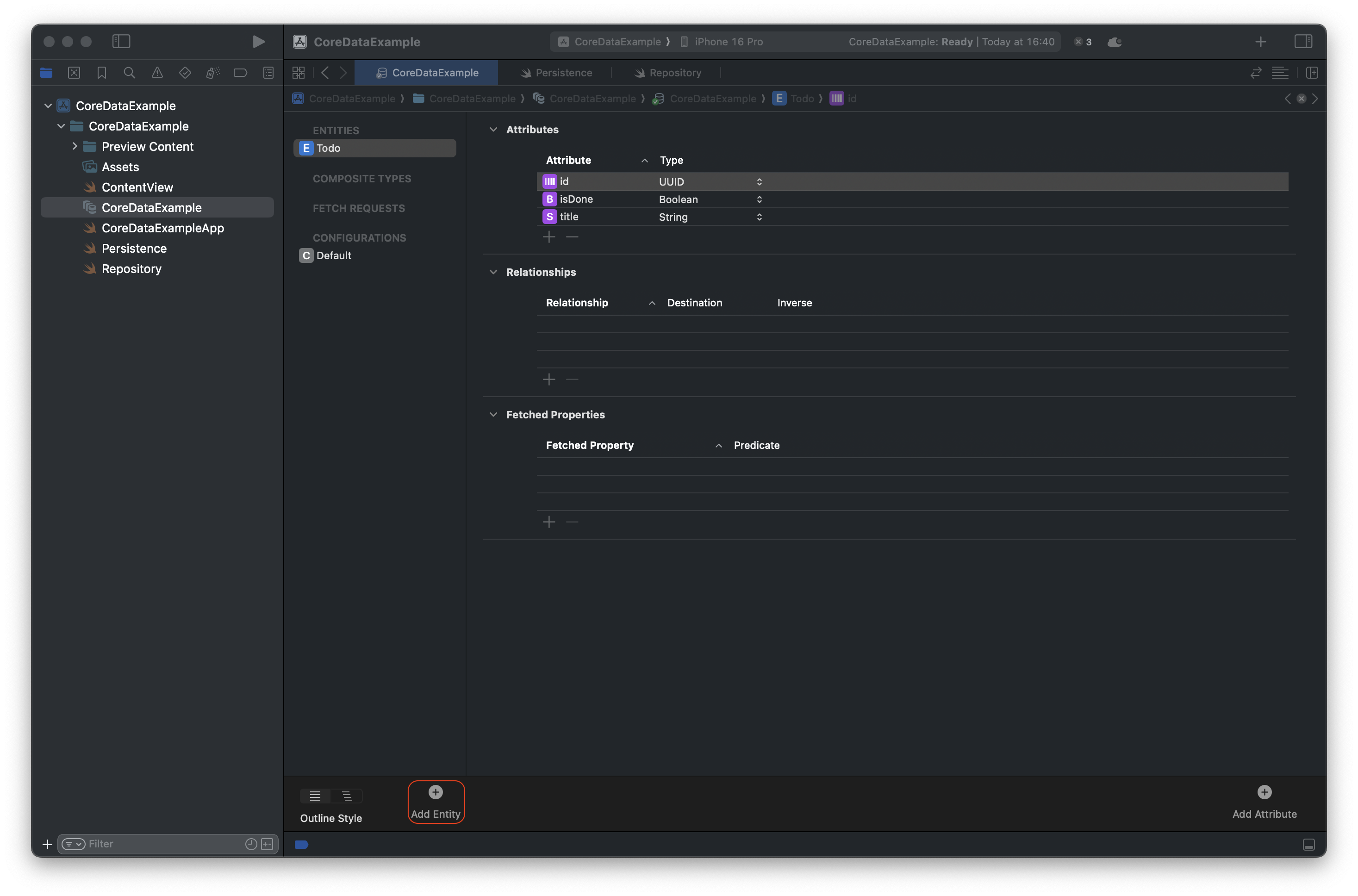 Screenshot representing Data Model with Entities and Attributes